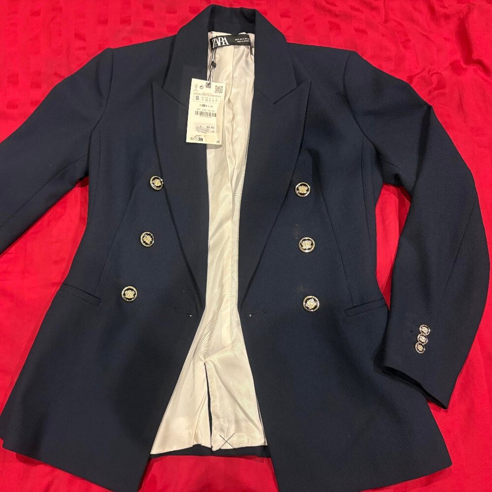Zara Women's Blazer size small (navy blue) with gold buttons